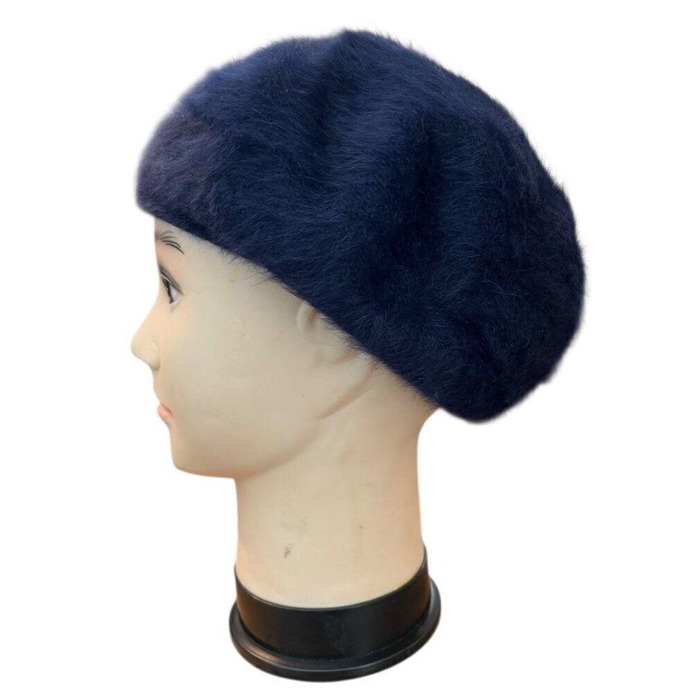 Womens Navy Blue Wool Angora Blend Beret Lined Fur Hat One Size